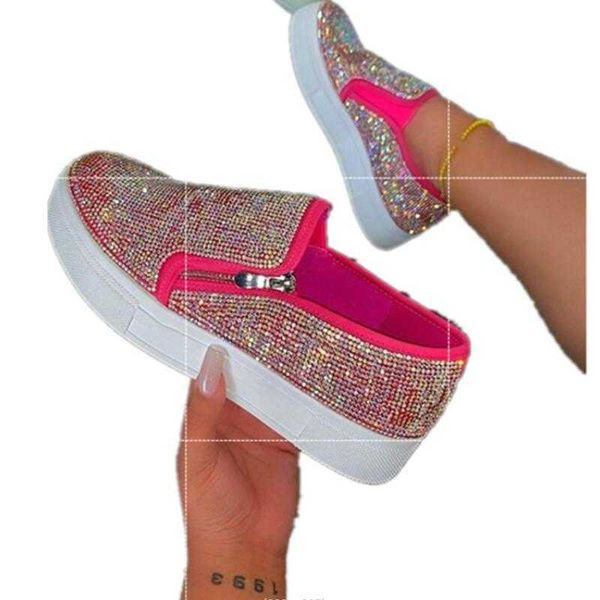 

dress shoes hpdfps women's fashion sneakers 2022 all season zipper ladies slip on casual shoes largesize female rhinestone flats loafer, Black