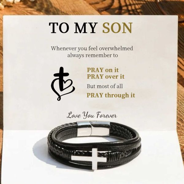 

bracelets men's black stainless steel magnetic buckle cross leather bracelet link a