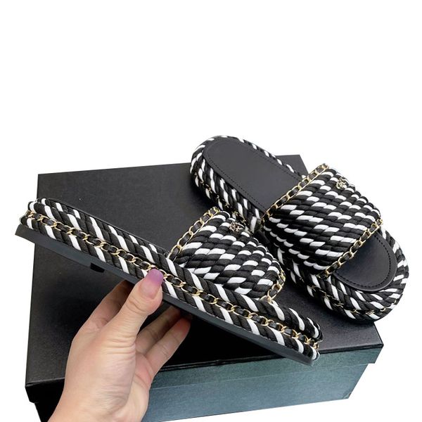 

womens platform heels slipper braided raffia with chain sandals outdoor beach shoe designer leisure slide luxurys flip flops loafers wedding, Black