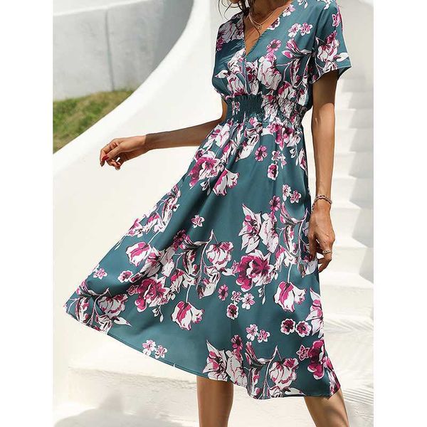 

casual dresses dress ladies summer 2023 floral print chiffon casual summer beach dress v-neck short sleeve a-line flower mid-length dress g2, Black;gray