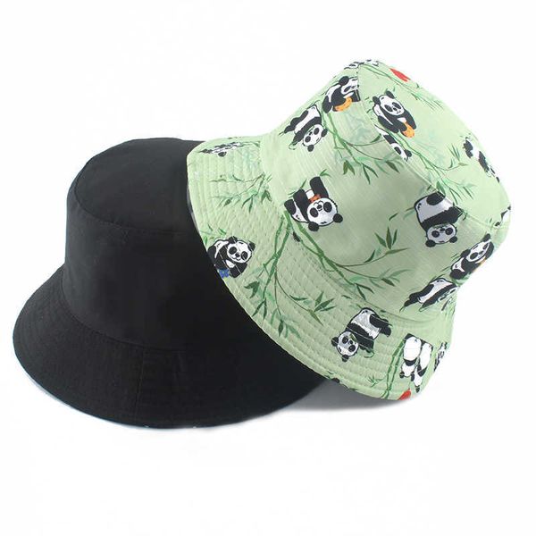 

hbp brim hats cartoon panda wide print reversible bucket hat panama fisherman cap summer bob male female sun hats for women men p230311, Blue;gray