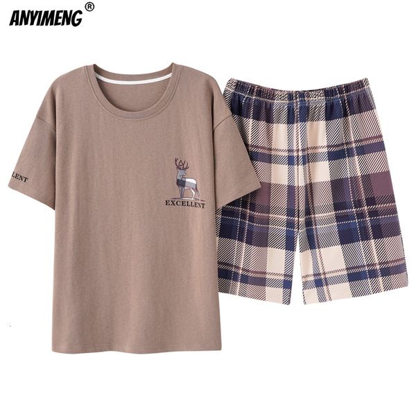 

men's sleepwear mens big size lounge wear fashion cotton pajamas summer short pj set khaki deer printed stylish plaid homewear 3xl 4xl, Black;brown