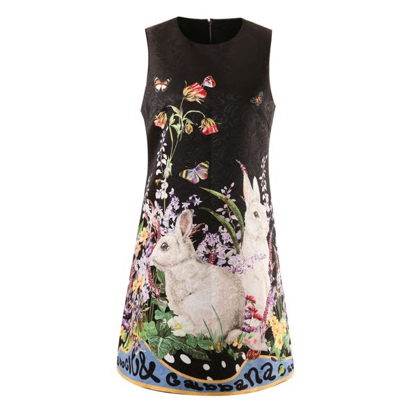 

high-quality sleeveless floral rabbit pattern cotton blend dress, Black