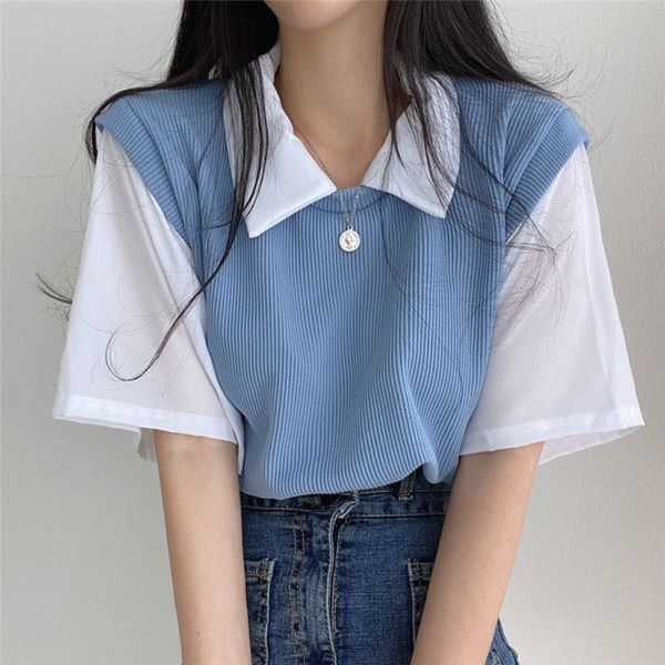 

women's tshirt yasuk 2023 spring summer casual polo shirt pullover loose tees fake two piece suit student preppy style cute 230310, White
