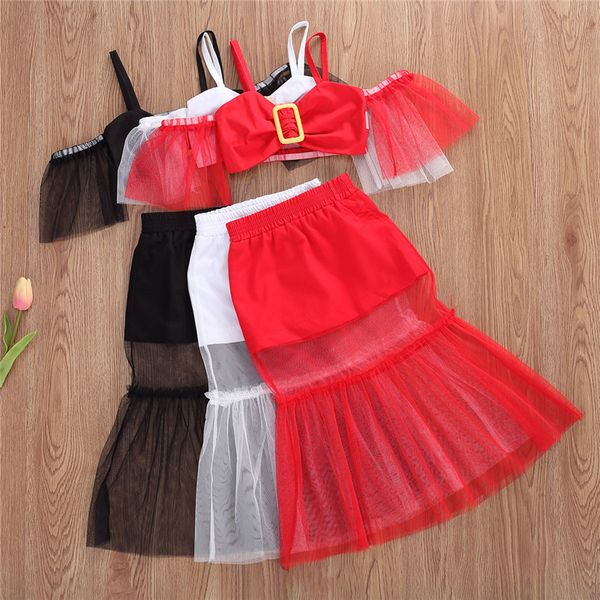 

2023 summer fashion kids baby girl clothes solid off shoulder lace sleeve crop long mesh sheer skirts beach clothes set, White