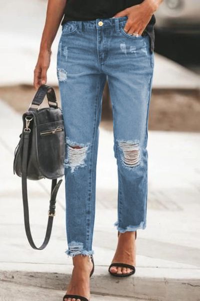 

women s jeans straight mid waist ripped 230311, Blue