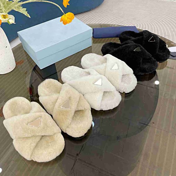 

designer lambswool platform heel slides slipper women brand plush woolen scuffs slippers flat heels cross strap home sandals luxurys flip fl, Black