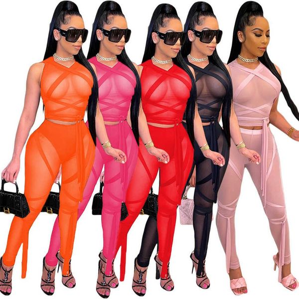 

ribbons see through mesh 2 piece sets womens outfits club wear festival clothing crop and leggings set party matching sets, Black;blue