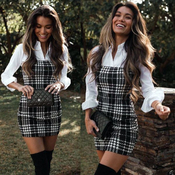 

casual dresses borntogirl women vintage plaid shirt 2023 spring autumn winter streetwear long sleeve black white bodycon robe femme 230311, Black;gray