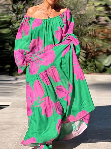 

casual dresses 2023 women loose loungewear party spring summer printing slash neck ladies maxi long sleeve streetweardrop 230311, Black;gray