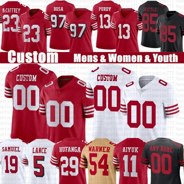 

deebo samuel christian mccaffrey george kittle custom football jerseys brock purdy talanoa hufanga fred warner nick bosa trey lance brandon, Black;red
