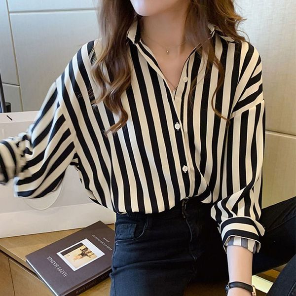 

women's tshirt shirts for women plus size blackwhite vertical stripes longsleeve lapel blousers single breasted tee loose clothes 23031, White
