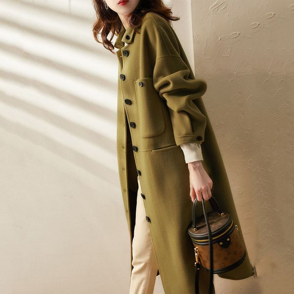 

women's jacket elegant fashion wool trench coat winter warm overcoat female korean green blends coats jackets outwear 230310, Black;brown