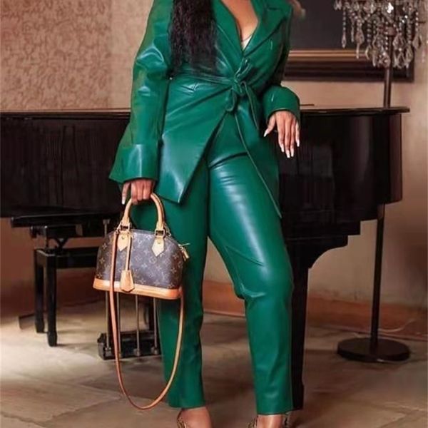 

women's two piece pants vazn pu leather highend solid suit set of quality office lady full sleeve long slim 2 230310, White