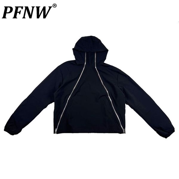 

men's jackets pfnw autumn winter high street double zippers patchwork hooded jacket fashion nylon pockets darkwear casual coat 12a7388, Black;brown
