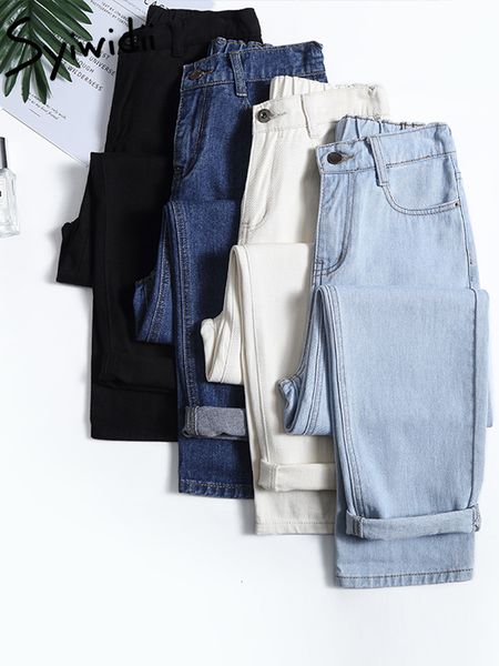 

women's jeans syiwidii 4 color mom jeans woman elastic waist high wais denim pants boyfriend jeans for women washed cotton fashion 2303, Blue