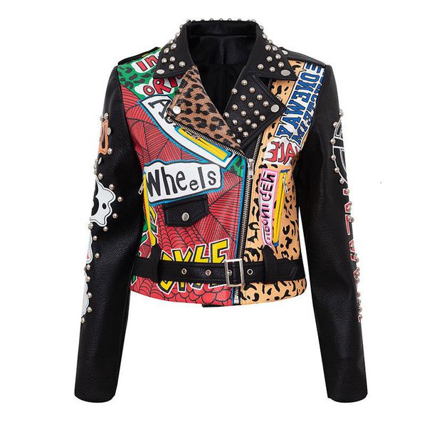 

women's jackets spring faux leather jacket women leopard punk style skull rivet and chain high waist motor 230310, Black;brown