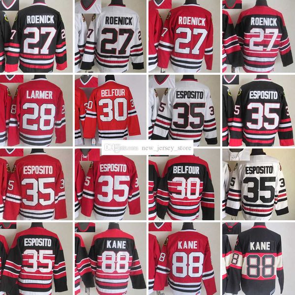 

1926-1999 movie retro ccm hockey jersey embroidery 27 jeremyroenick 35 tonyesposito 88 patrickkane 30 edbelfour 28 stevelarmer vintage jerse, Black