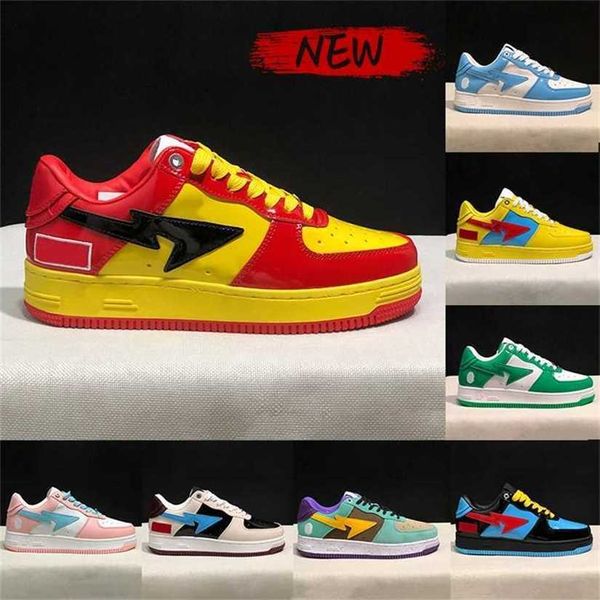 

sta low apes casual shoes men women nigo teal brown comics yellow red patent leather black triple white blue paint beige suede pastel pink l