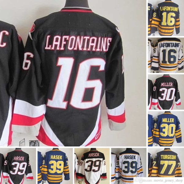

vintage movie ccm hockey 39 dominic hasek jerseys embroidery 16 pat lafontaine 30 ryan miller 77 pierre turgeon 89 alexander mogilny jersey, Black;red