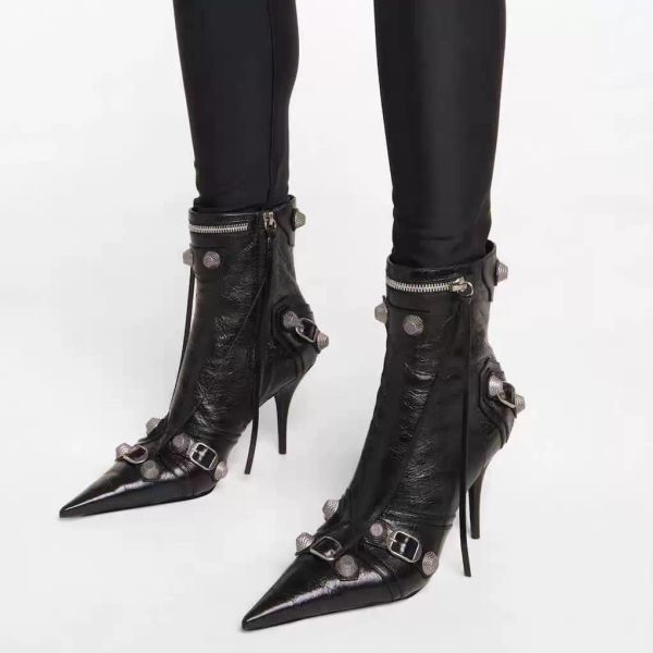 

black pointed high-heeled boots metal buckle decoration women's shoes motorcycle tassel leather zip shoes luxury designer fashion naked