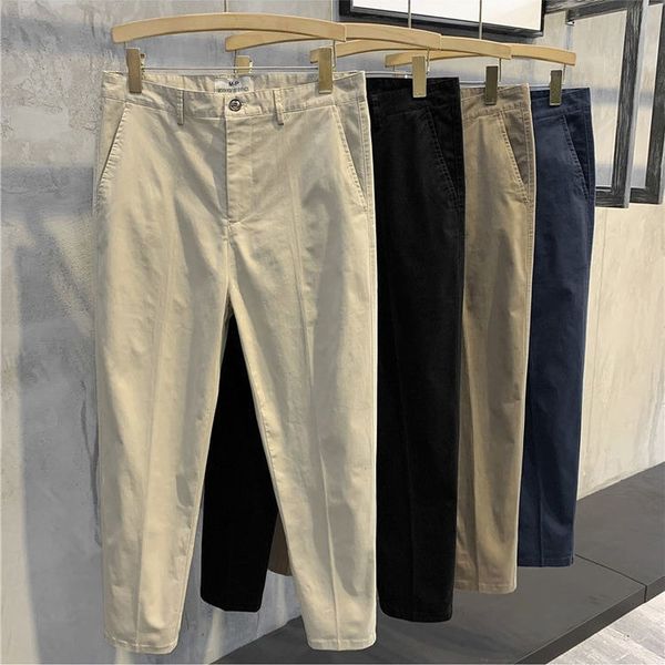 

men's pants korean fashion pants men 9 part ankle length casual pants men work trousers summer breath cool thin solid color pleated pan, Black