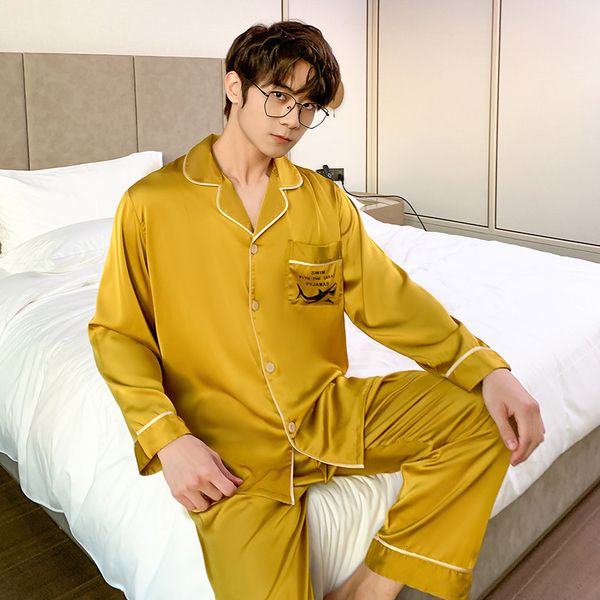 

men's sleepwear men's pajama set spring satin man pajamas set lapel buttons sleepwear long sleeve silk pajamas for men pant leisur, Black;brown