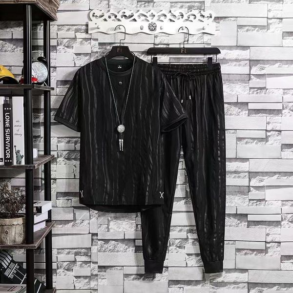 

men's tracksuits summer loose two piece set short-sleeved t-shirt drawstring pants korean wrinkle sports casual suit trend men clothes, Gray