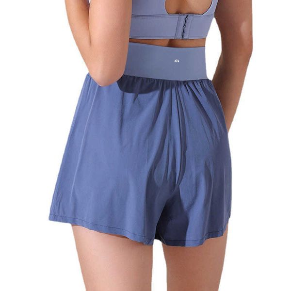 

new lu-34 yoga women's fake two-piece sports shorts high-waisted anti-glare running training fitness short pant, White;black