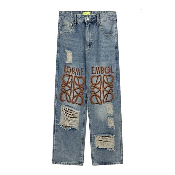 

men s jeans vintage harakuju ripped pants embroidery washed streetwear denim trousers for male blue 230311