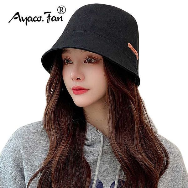 

hbp brim hats women cute wide bucket hat summer solid candy colors sun hat hand-made leather label outdoor men autumn hat hip hop female cap, Blue;gray