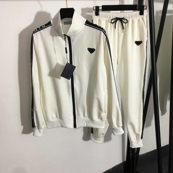 

23ss brand designer women new tracksuit set letter logo stand-up collar long sleeve zipper coat webbing edge elastic waist casual pants wome, Gray