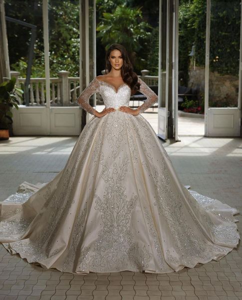 

luxury ball gown wedding dresses v neck long sleeves 3d lace sequins appliques beaded floor length beaded shiny ruffles zipper formal dresse, White