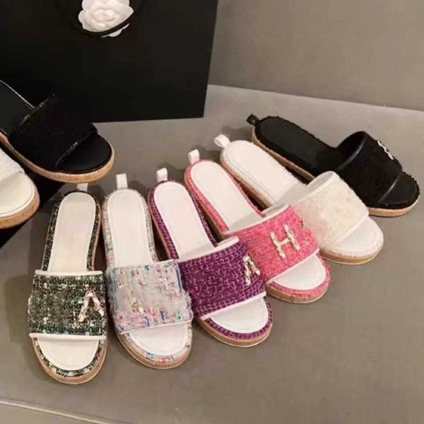 

slippers tweed plaid straw woven sandals wedge flats thick bottom short root flip flops casual fashion woven embroidered women's shoes, Black
