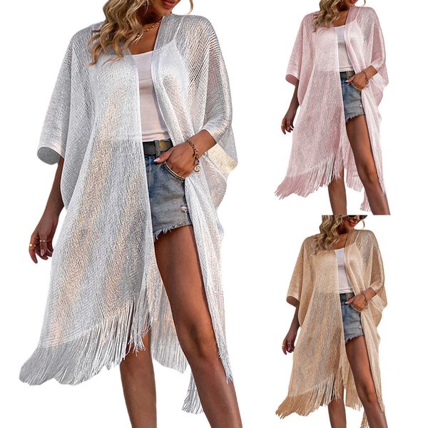 

women's swimwear ladies summer loose shawl cardigan women solid color v-neck half sleeve tassels hem mid-length beach bikini cover-up y, White;black