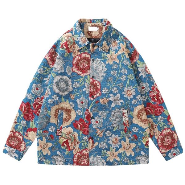 

men's jackets floral linen jacquard jacket vintage turn-down collar women 230311, Black;brown