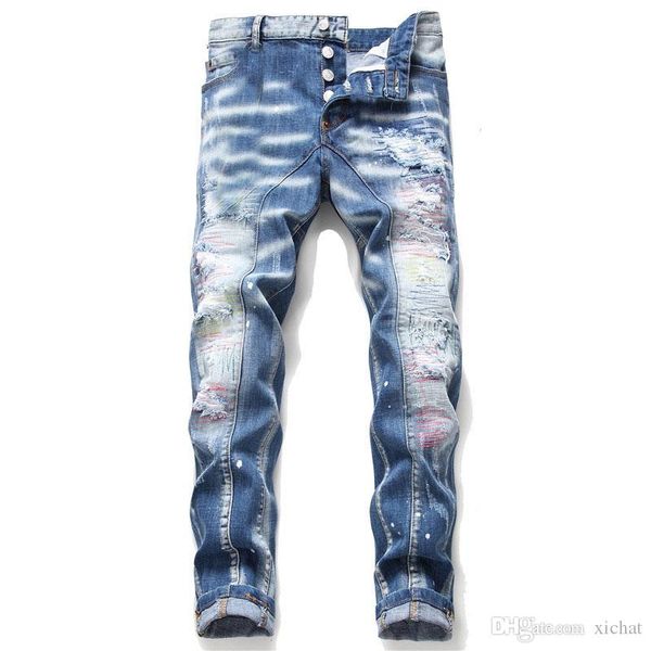 

unique mens distressed ripped blue skinny jeans fashion designer slim fit washed motocycle denim pants panelled hip hop biker trousers 1 yof
