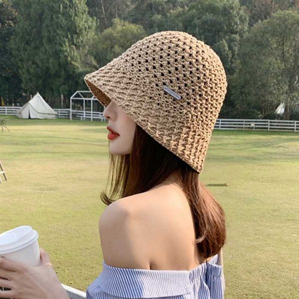 

wide brim hats japanese bucket hat simple breathable basin cap summer thin hollow knitted fisherman caps all-match korean women's hats, Blue;gray