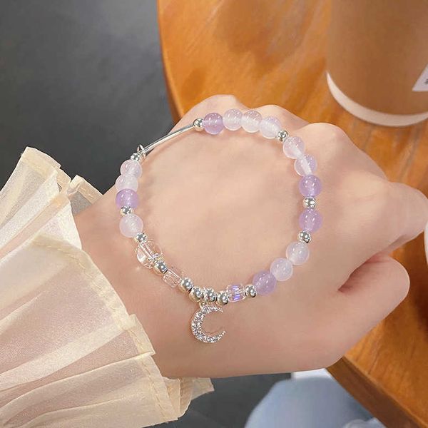 

bracelets sweet and fresh ins amethyst moon pendant female strawberry green crystal beads student bracelet link a, Black