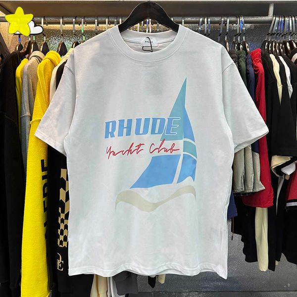 

men's t shirts tshirts men women streetwear summer style loose tee cotton yacht printing apricot black white rhude t shirt with tags, White;black