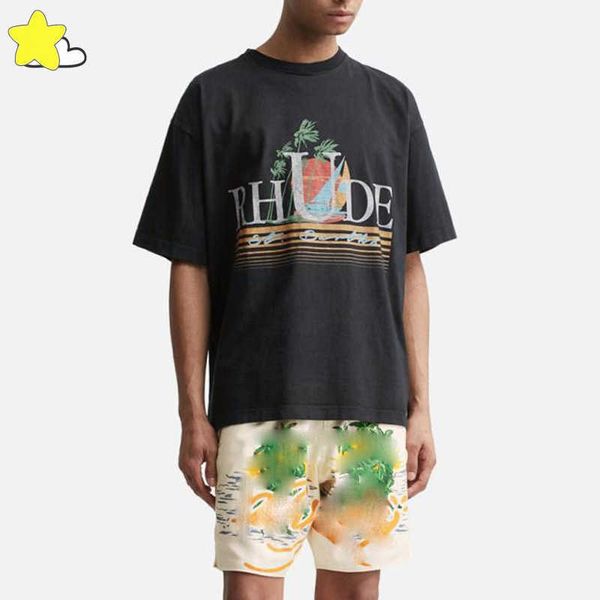 

men's t shirts tshirts men women high street vintage spliced rhude t shirt fashion casual loose black short sleeve wave sailboat print, White;black