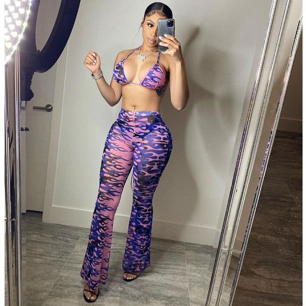 

women's two piece pants summer set women mesh sheer printing sling wide leg suits club outfits streetwear wholesale itemswomen's, White