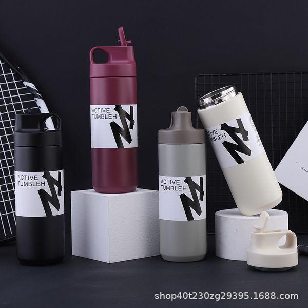 

Double layer stainless steel vacuum vacuum flask large capacity outdoor sports kettle with straw, Black