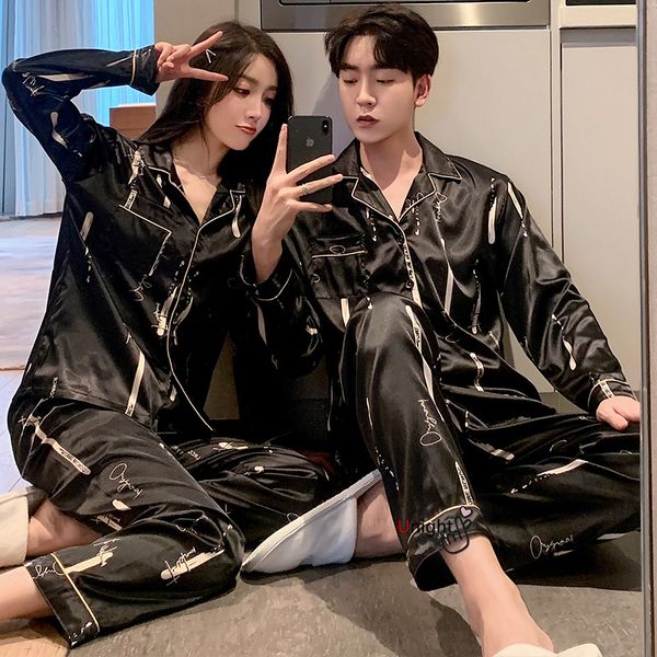 

men's sleepwear pajamas for women home wear autumn couple snight pijamas boyfriends lounge pyjama set silk 230311, Black;brown