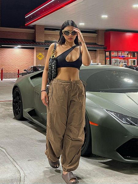 

women s pants fall clothes fashion solid color elastic straps street trousers loose casual cargo 230311, Black;white