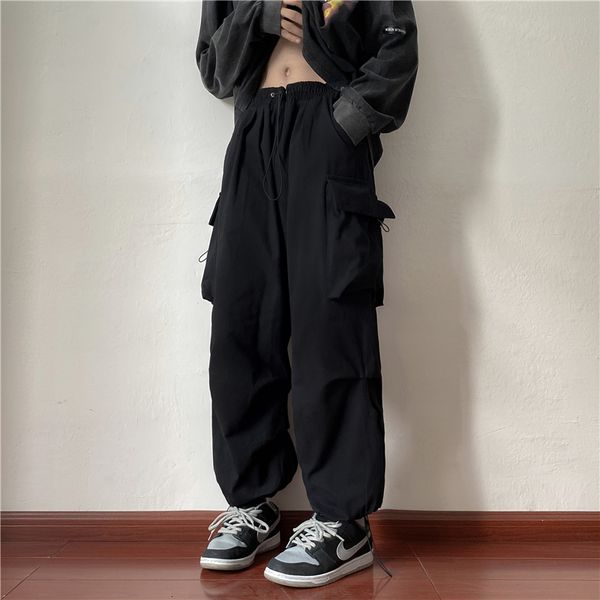 

men's pants fashion men parachute cargo pants wide leg straight baggy oversize trousers big pocket hip hop military casual bottoms blac, Black