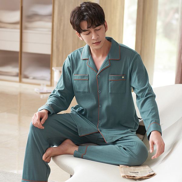 

men's sleepwear autumn pajama set male full cotton sleepwear solid home clothing long sleeves spring cardigan leisure pyjamas suit 3xl, Black;brown