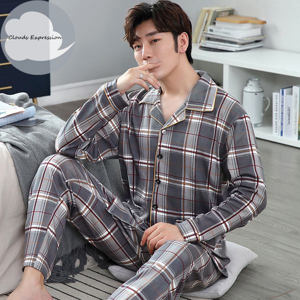 

men's sleepwear spring autumn knitted cotton long pajama sets plaid sleepwear pj pyjamas men's sleep lounge home fashion 230311, Black;brown