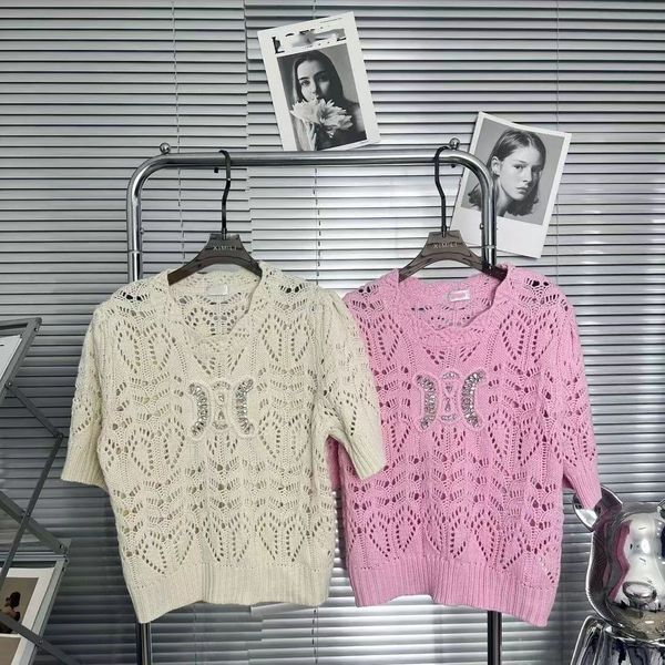 

new spring women's short-sleeved sweater hand crochet t-shirt hand sewing drill knitting short-sleeved sweater t-shirt, White