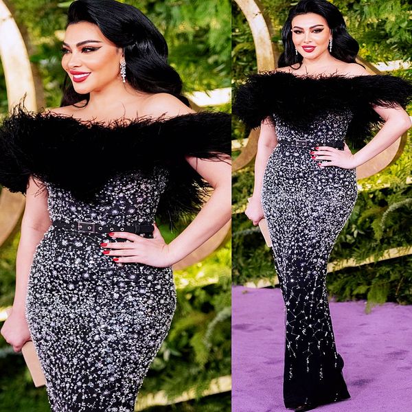 

2023 arabic aso ebi black sheath prom dresses beaded feather luxurious evening formal party second reception birthday engagement gowns dress